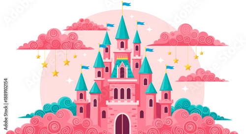 Magical princess fairytale castle in dreamy landscape with pink clouds and stars creates a whimsical fantasy illustration for children's books, story telling, and enchanted adventu.