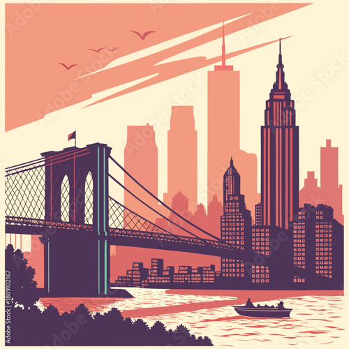 Iconic new york city skyline at sunset