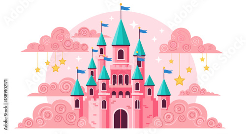 Fantasy Castle Fortress Floating Among Pink Dream Clouds with Stars Creates Whimsical, Joyful Scene for Children's Story Illustrations, Fairytale Designs, and Magical World Creatio.