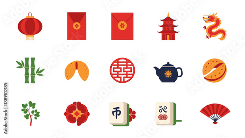 Collection of Lunar New Year Symbols: A vibrant array of iconic symbols associated with Lunar New Year, celebrating traditions and cultural richness. 