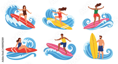 Surfers riding ocean waves under sunny skies show recreational water sports and beach lifestyle perfect for summer vacation, advertising surfing lessons, and tourism marketing usin.