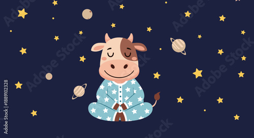 Relaxed cartoon cow in pajamas meditates under a star-filled night sky, offering a whimsical illustration for children's bedtime stories, nursery decor, or tranquil mindfulness con.