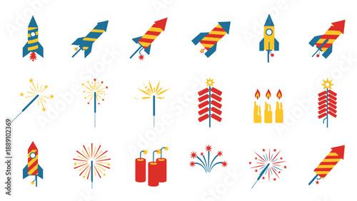 Celebratory Fireworks: A collection of various colorful fireworks are ready to celebrate. perfect visual for festivity and joy, bringing a vibrant element to your projects.