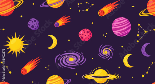 Whimsical space scene featuring planets, stars, constellations, comets, moons, and galaxies on a dark background creates a dreamy cartoon universe perfect for children's illustrati.