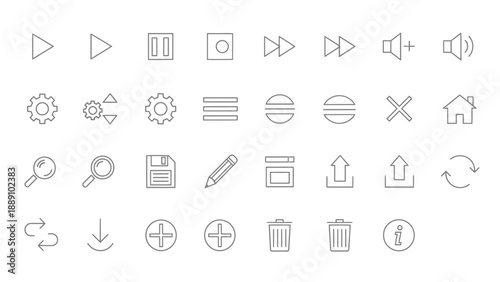 Navigational Icons: A collection of various interface icons. Each icon meticulously crafted with clean lines, representing common actions.