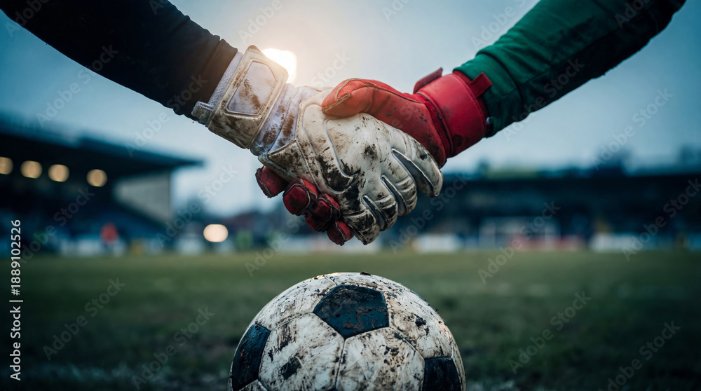 Obraz premium Soccer Goalkeepers Shaking Hands After Match, Fair Play and Sportsmanship Concept. Sport Backgrounds.
