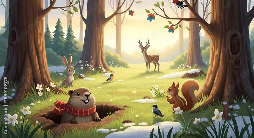 Naklejka premium Cute Groundhog Day Woodland Scene with Animals and Early Spring Sunshine