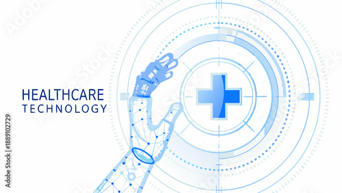 A robotic hand within a medical crosshair representing healthcare technology