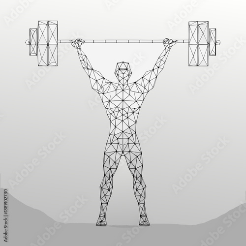 Wireframe illustration of a weightlifter raising a barbell overhead
