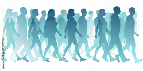 A blurred depiction of a large crowd of people walking together