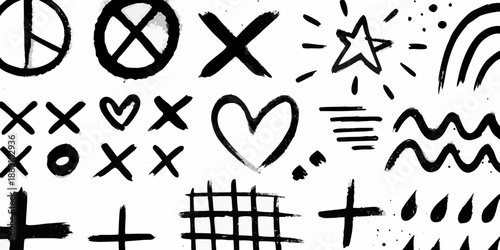 Collection of hand drawn symbols and doodles on a white background