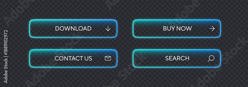 Neon button call action set with bright gradient glow. Pill rectangle mockup for mobile and interface button. Vector illustration. 3d neon box for text, game banner collection, neon line frames.