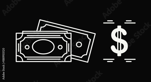 Simple white line drawing depicting stacks of money and a dollar sign on a black background