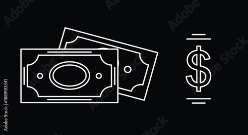 A simple black background showcasing a white outline of cash and a dollar sign illustration