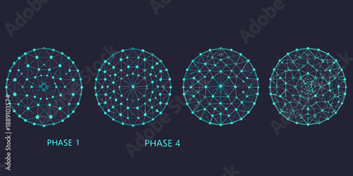 Four stages of cellular or organic development shown in a linear sequence