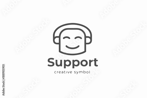 Line art illustration of a smiling face with headphones and text
