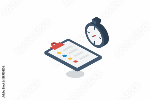 Isometric illustration of a clipboard with a timer above it