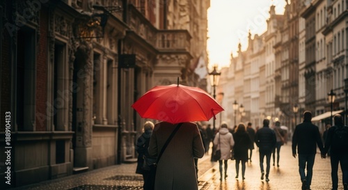 Crowd of people walking in rain with bright red umbrella standing out, wet city street reflection in golden sunset light, concept of individuality and leadership in urban business environment.