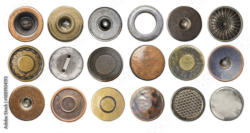 Fotografía Collection of vintage metal buttons and rivets, transparent background