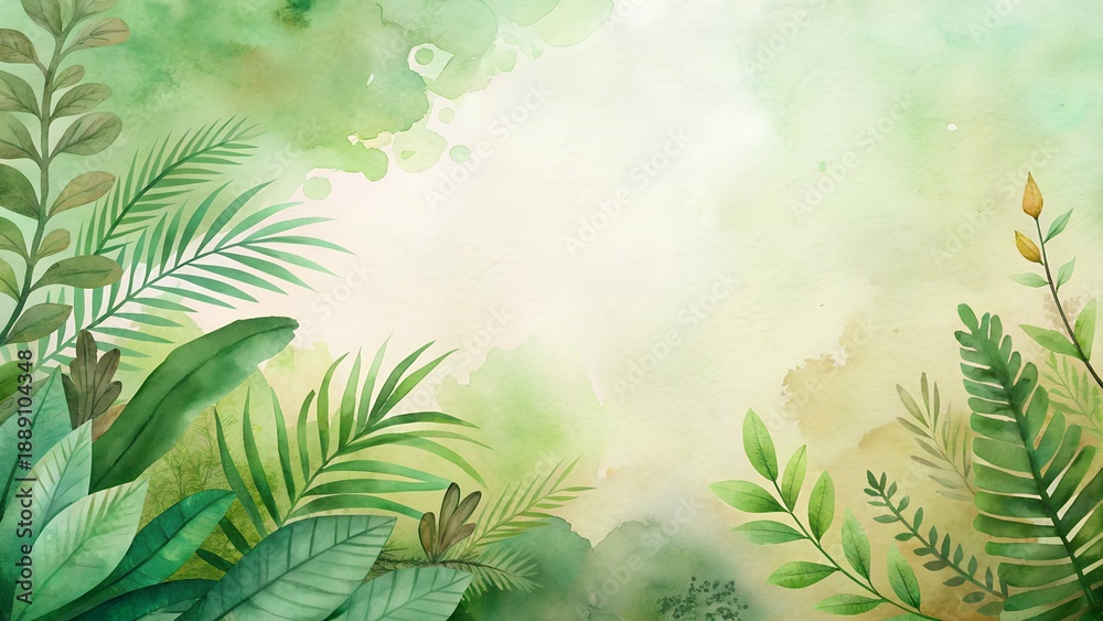Obraz premium Lush Green Watercolor Jungle Foliage Soft Light Tropical Botanical Background