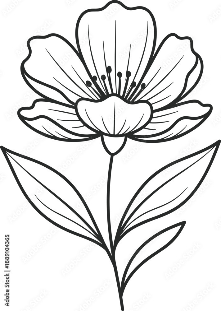 Obraz premium Minimalist hand drawn black and white flower vector illustration with elegant petals and leaves for nature themed design projects.