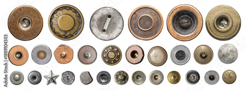 Assortment of metal jean buttons and rivets with transparent background