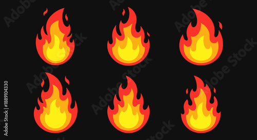 Animated fire flames burning with bright vibrant colors, perfect for game design assets and digital illustrations of heat, passion, danger, and cartoon style animation effects as.