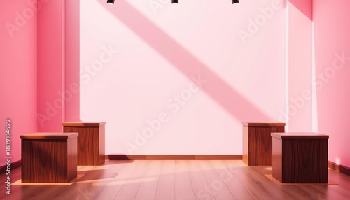 Minimalist pink background, wooden podiums, long shadows, empty showcase,  wooden texture,  clean