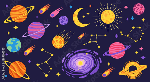 Colorful Universe Galaxy Illustration with Planets, Constellations, Stars, Comets, Sun, Moon, Black Hole in Space, Featuring a Solar System for Science Education and Fantasy Art Pr.