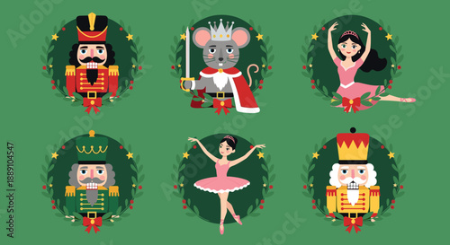 Nutcracker Ballet Characters in Festive Wreaths: A whimsical collection of Christmas nutcrackers, the Mouse King, and ballerinas, perfect for holiday decorations, cards, invitation.