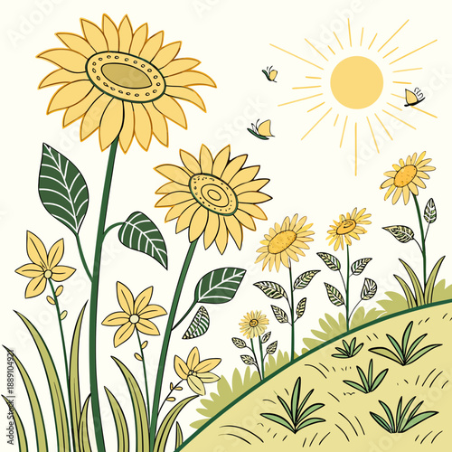 Sunny meadow with sunflowers and bees