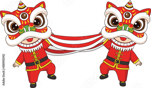 Chinese Lion Dance Vector Illustration with Two Performers in Traditional Costume for Lunar New Year Celebrations Festivals Posters and Cultural Designs