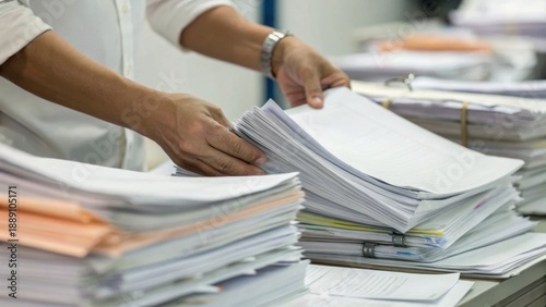 Hands sorting through a large stack of paperwork, highlighting a busy work environment with documents and files organized around.