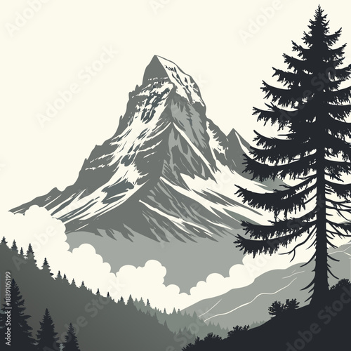Majestic mountain peak with pine trees