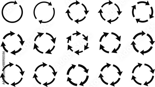 Circular arrow rotation icon set with black recycle, refresh, reload and loop symbols for infographic design