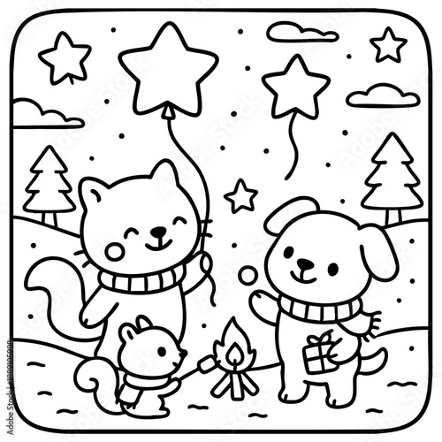 A joyful scene of cute animals, including a cat and a dog, celebrating with balloons and a campfire under a starry sky.