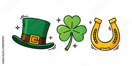 Vibrant cartoon style st patricks day icons set including green leprechaun hat three leaf shamrock and golden lucky horseshoe with sparkles