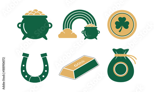 Lucky st patricks day symbols collection with pot of gold rainbow horseshoe gold bar money bag and shamrock coin for irish wealth theme