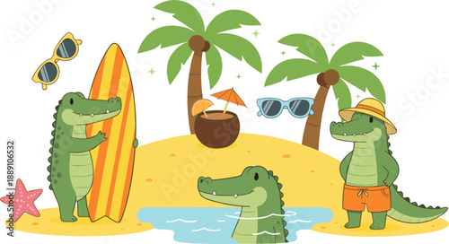Cute crocodile characters on tropical beach vector illustration, funny summer vacation animals with surfboard and palm trees
