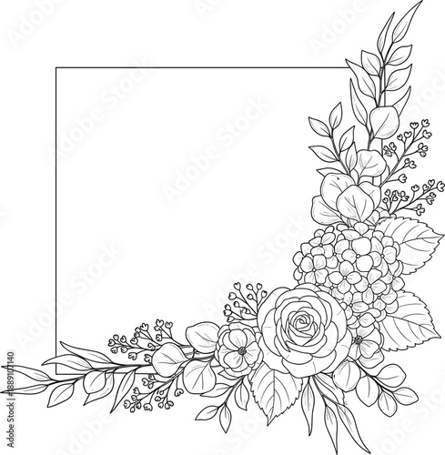 Minimalist hand drawn floral corner square frame vector illustration featuring delicate wildflowers and leaves for elegant wedding invitations.