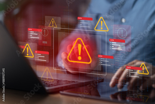 Valokuva Cyber ​​attack warning icon with hacked document system and system alert on virtual screen for data breach