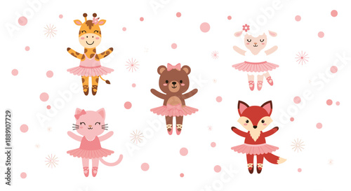 Cute Ballet Animals Performing in Tutus: A whimsical illustration featuring a giraffe, bear, sheep, cat, and fox, dancing with joy among pink polka dots, perfect for children's dec.