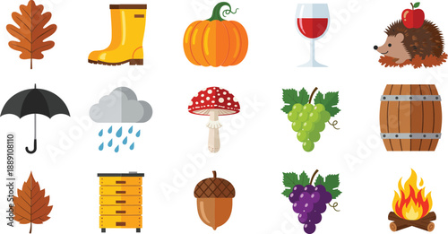 Hand drawn autumn season icons set with fall leaves, pumpkin, grapes, rain, mushroom, hedgehog, and cozy elements