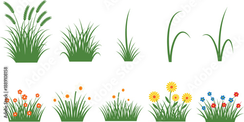 Grass and wildflower meadow vector set with green plants, garden lawn elements and floral nature silhouettes