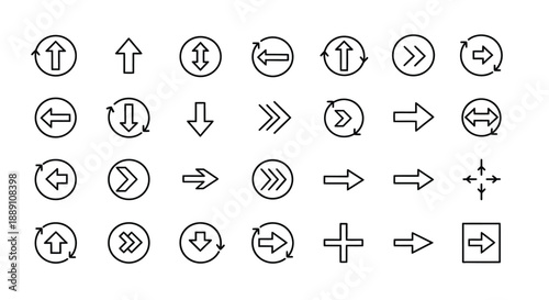 A collection of simple minimalist line icons depicting various directional arrows and rotation symbols