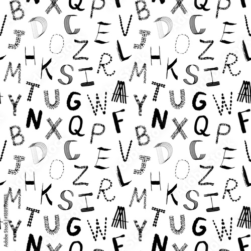 Seamless pattern with black ink hand drawn letters, alphabet. Vector illustration on transparent background.