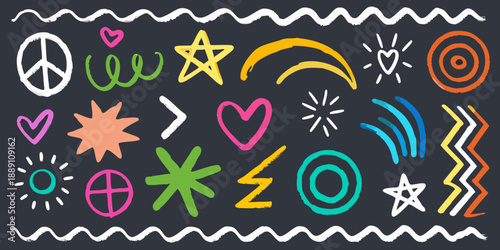 Colorful hand drawn doodles and symbols on a dark chalkboard background