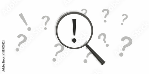 A magnifying glass focuses on an exclamation point among many question marks