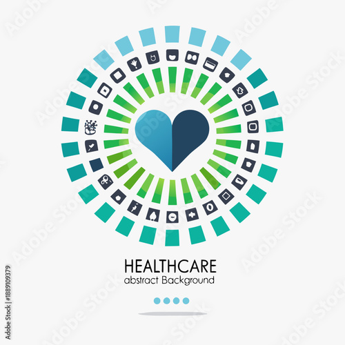 Healthcare symbol with a heart at the center and radial social media icons