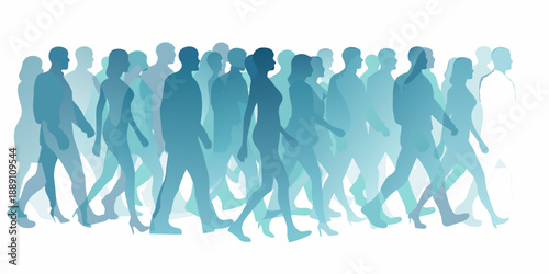 Abstract blue silhouettes of a walking crowd representing people and movement